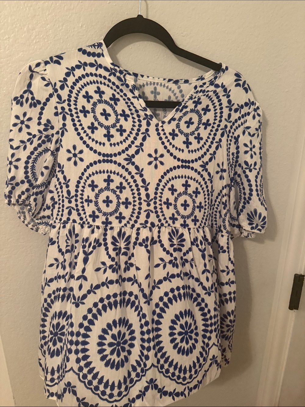 Women's Blue & White Embroidered Peasant Top